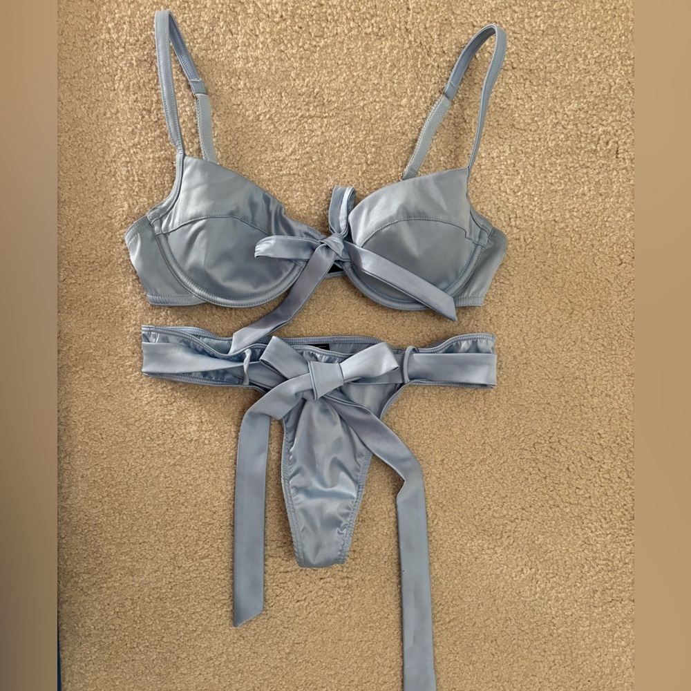 Vintage Nicole Miller baby blue satin bra & thong with ribbons - EUC - 34B & Med